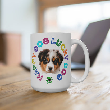 Australian Sheppard Puppy Happy Dog Lucky Dog Mug 15oz